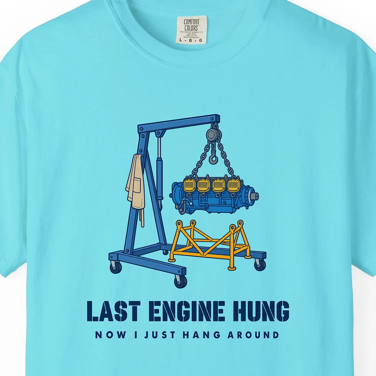 Last Engine Hung Tee in Lagoon Blue, close-up