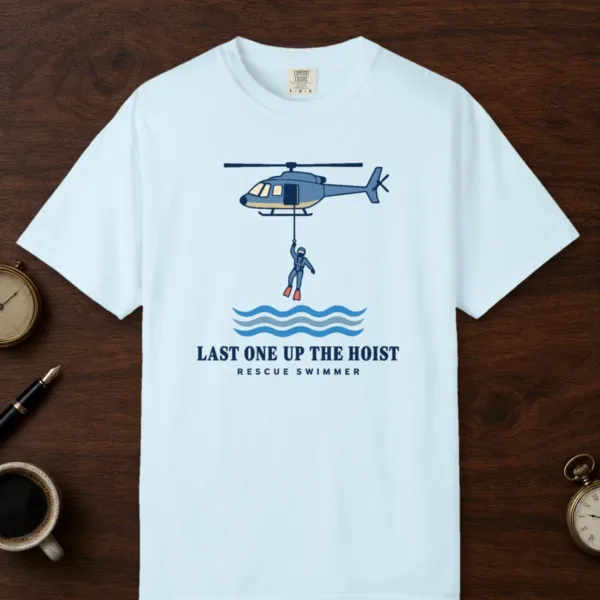 Last One Up the Hoist Tee in Chambray, front view