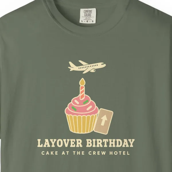 Layover Birthday Tee in Moss, close-up