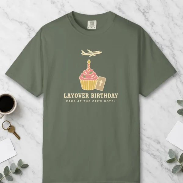 Layover Birthday Tee in Moss, front view