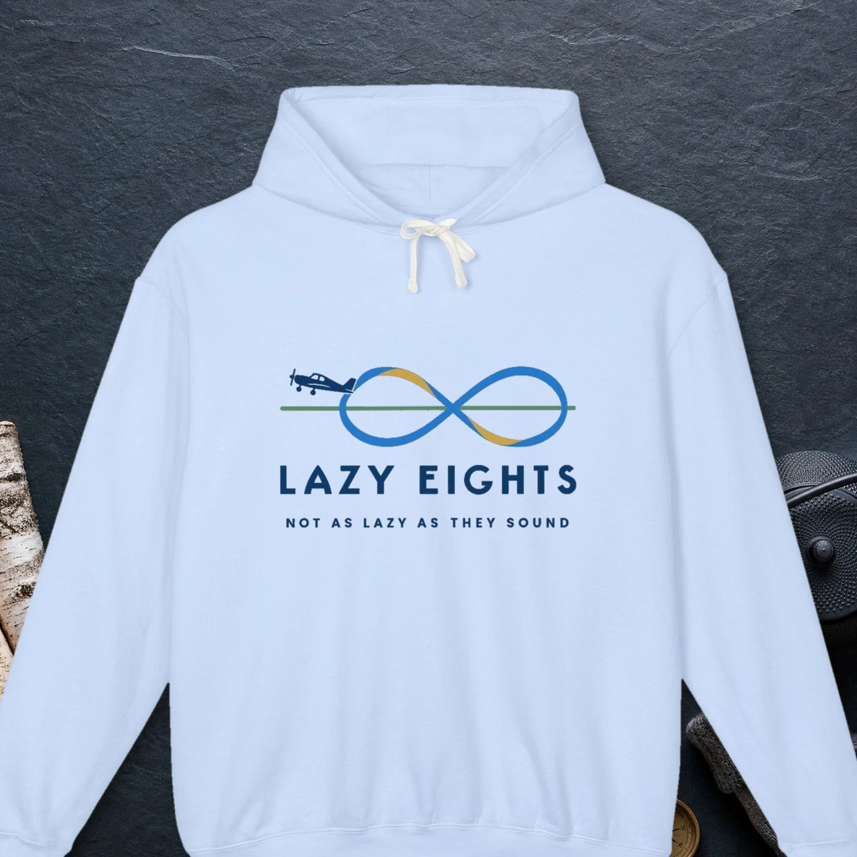 Lazy Eights design on the Comfort Colors 1467 hoodie in Hydrangea, front view