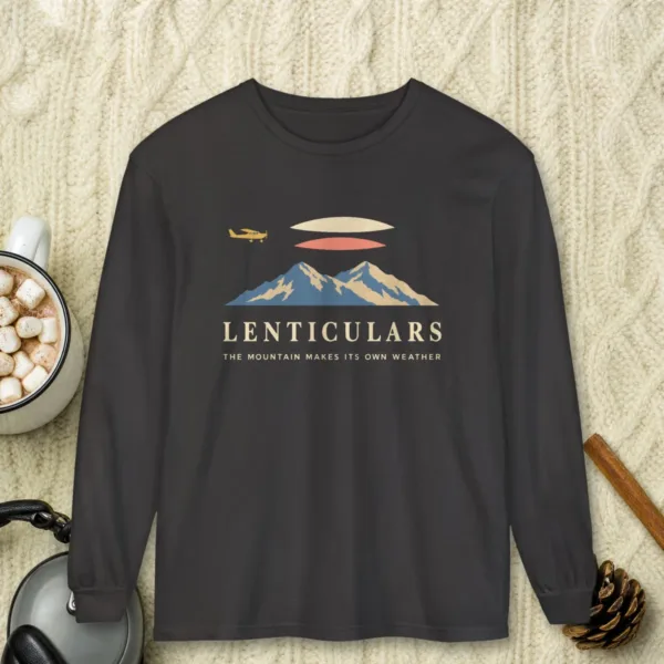 Lenticulars design on a Graphite Comfort Colors 6014 long-sleeve tee, front view