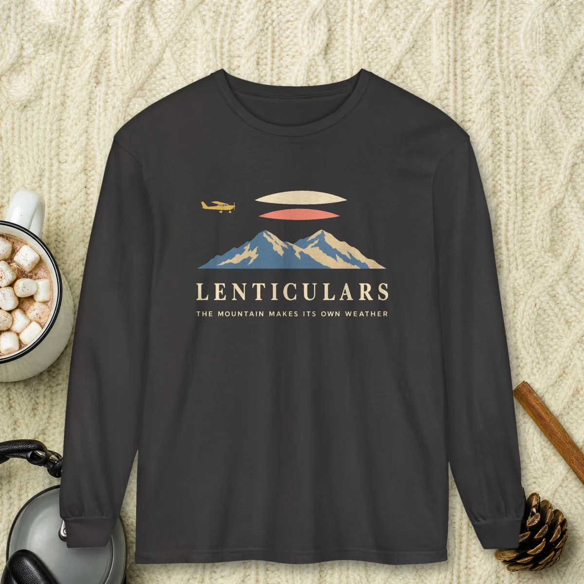 Lenticulars design on a Graphite Comfort Colors 6014 long-sleeve tee, front view