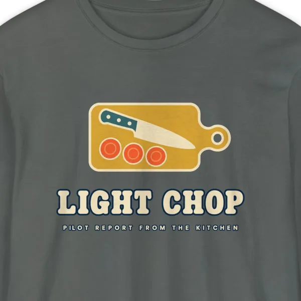 Light Chop Kitchen design on a Pepper Comfort Colors 6014 long-sleeve tee, close-up of the print