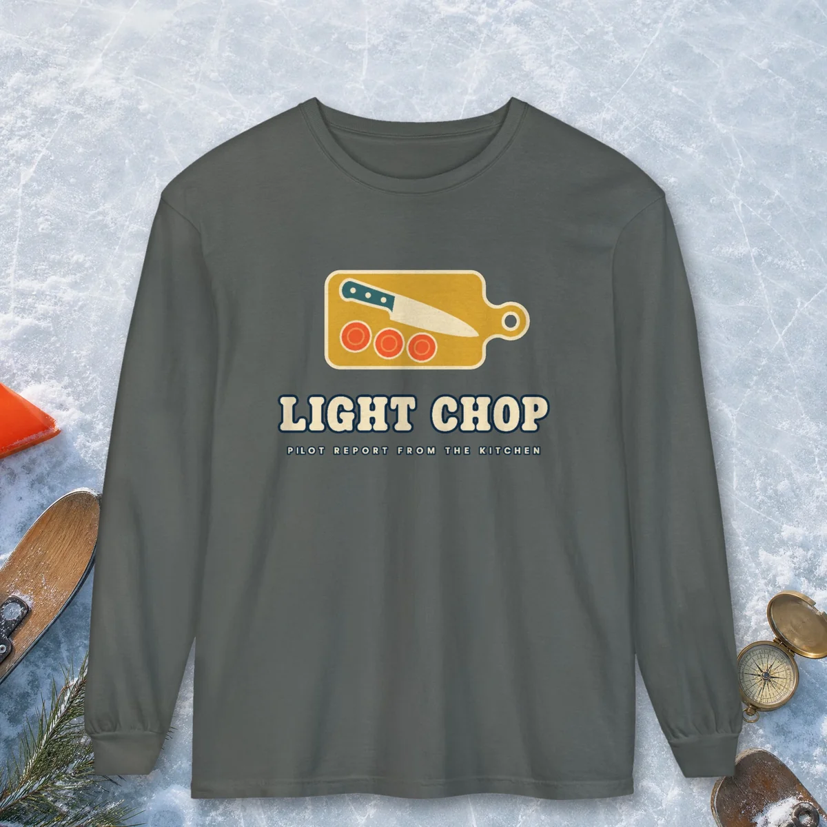 Light Chop Kitchen design on a Pepper Comfort Colors 6014 long-sleeve tee, front view
