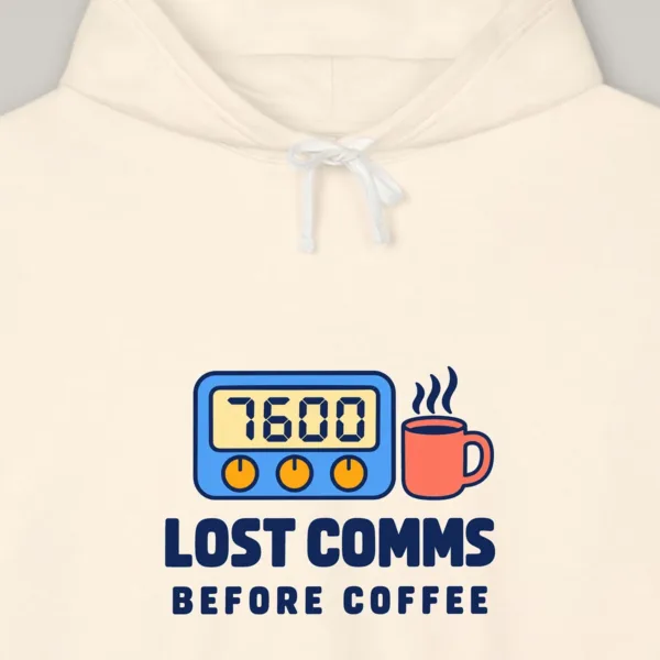 Lost Comms Before Coffee design on the Comfort Colors 1467 hoodie in Ivory, close-up of the print