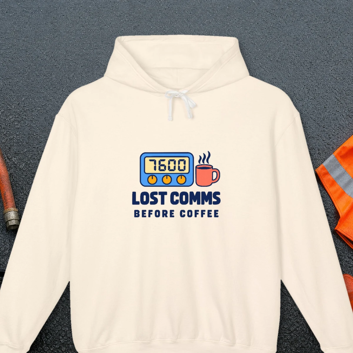 Lost Comms Before Coffee design on the Comfort Colors 1467 hoodie in Ivory, front view