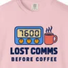Lost Comms Before Coffee Tee in Blossom, close-up
