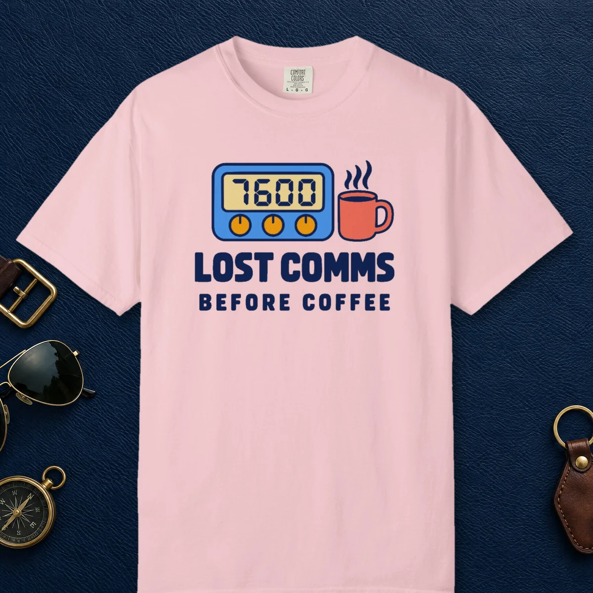 Lost Comms Before Coffee Tee in Blossom, front view