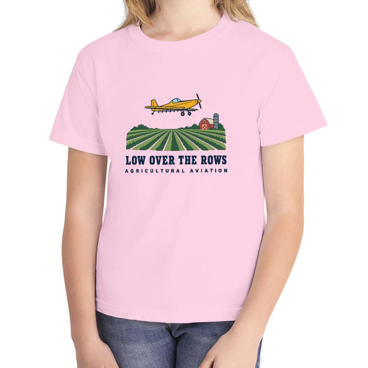Low Over the Rows kids tee in Blossom, Comfort Colors 9018 youth tee, front view