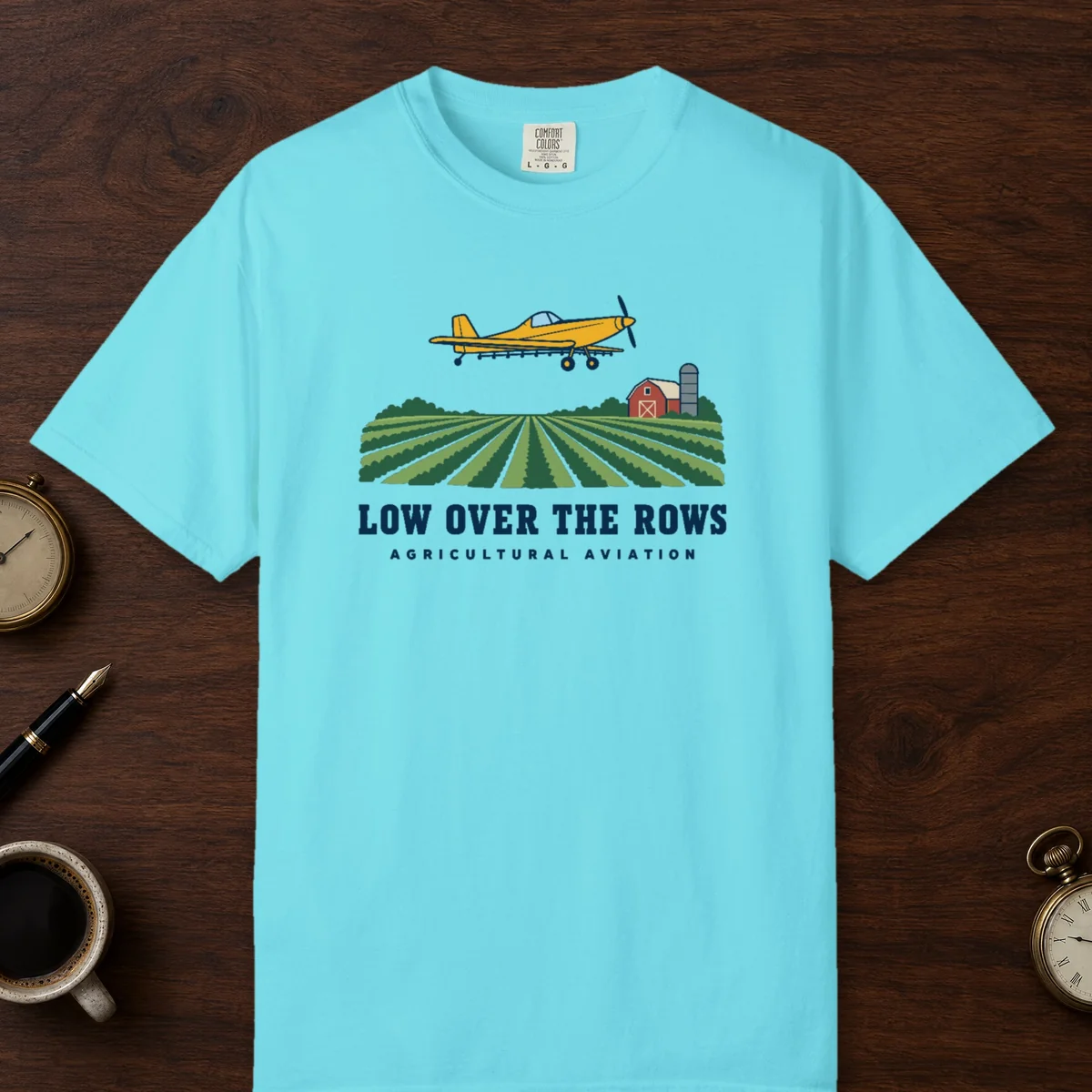Low Over the Rows Tee in Lagoon Blue, front view