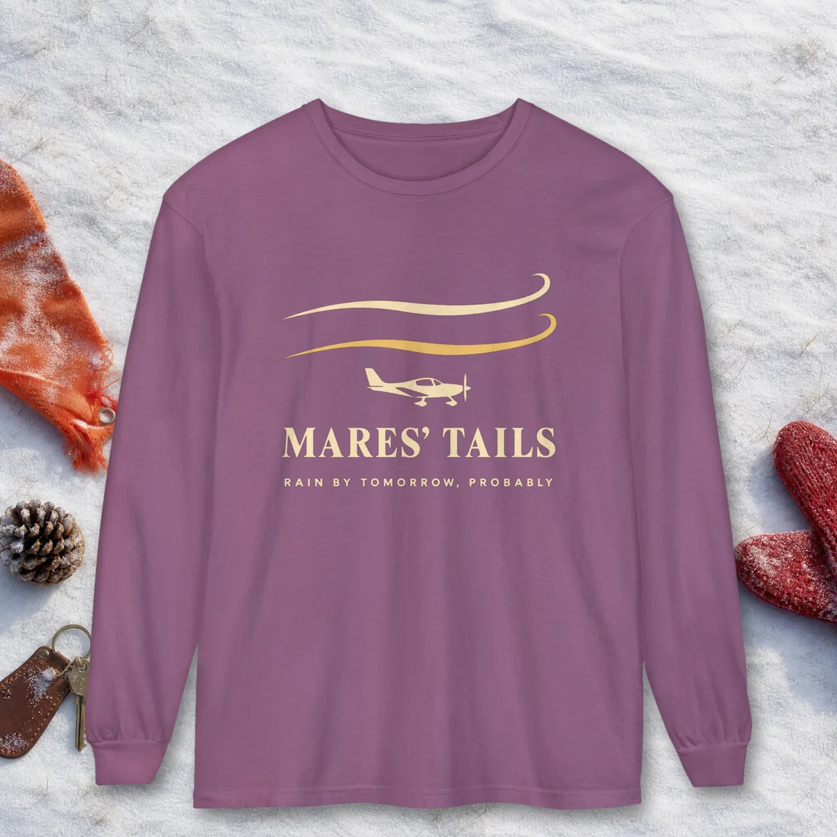 Mares' Tails design on a Berry Comfort Colors 6014 long-sleeve tee, front view