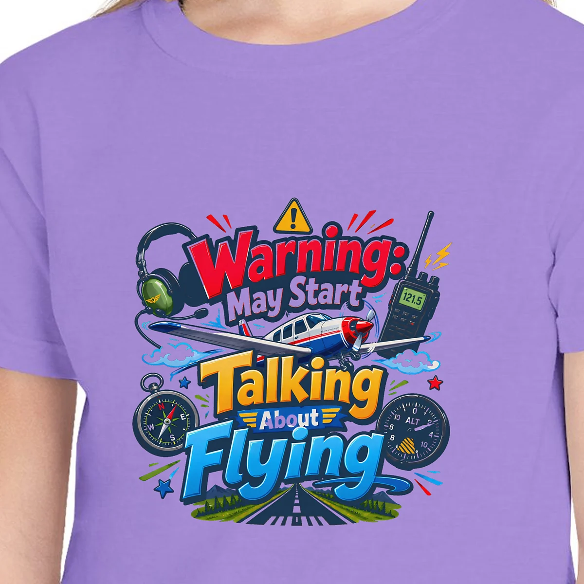 Close-up of the May Start Talking About Flying Trainer design on the Violet kids tee, Comfort Colors 9018 youth tee, with the neckline