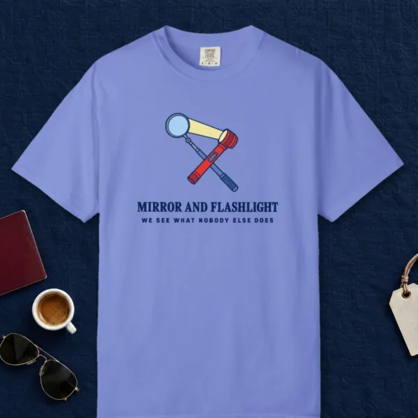 Mirror and Flashlight Tee in Flo Blue, front view