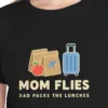 Close-up of the Mom Flies Dad Packs design on the Black kids tee, Comfort Colors 9018 youth tee, with the neckline