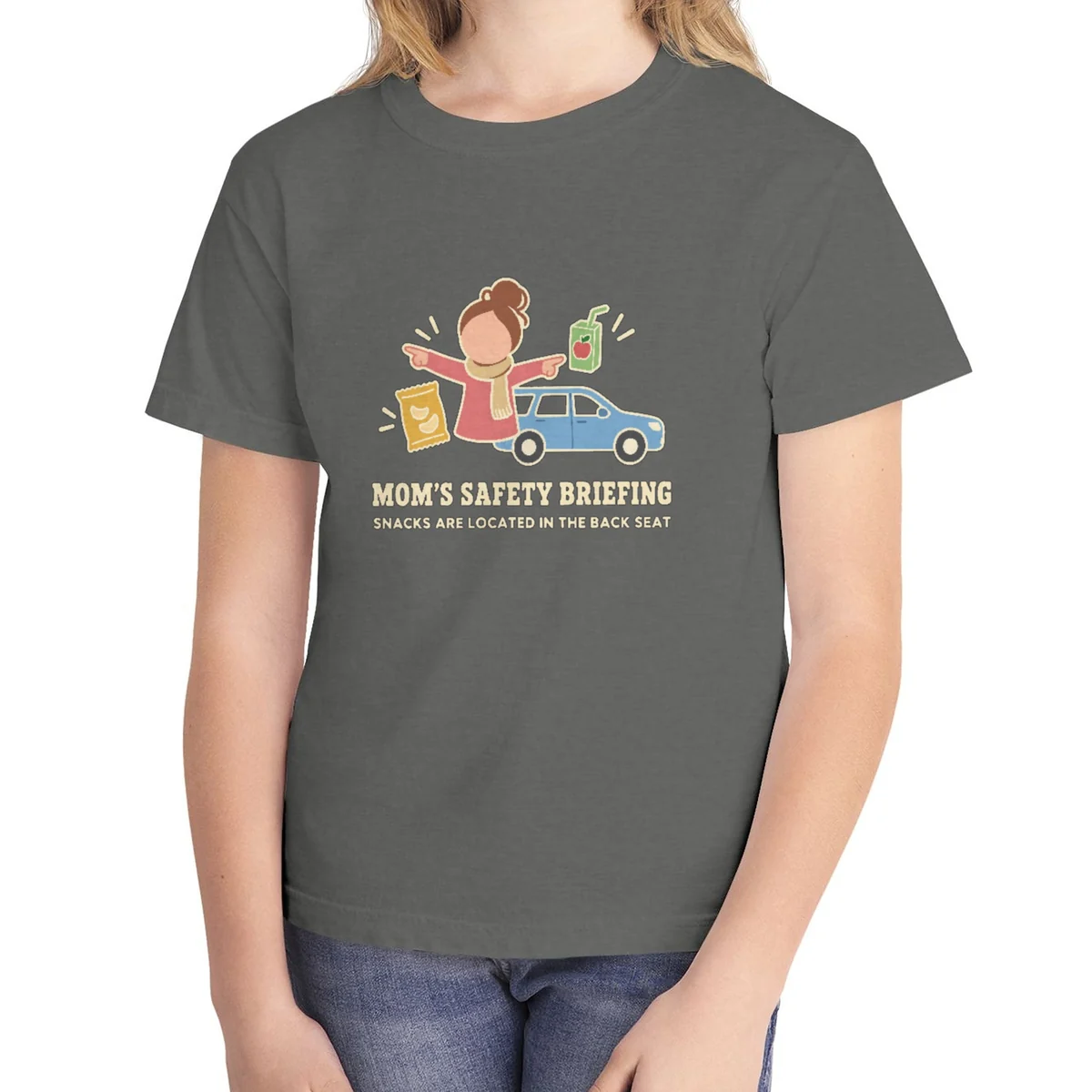 Mom's Safety Briefing kids tee in Pepper, Comfort Colors 9018 youth tee, front view