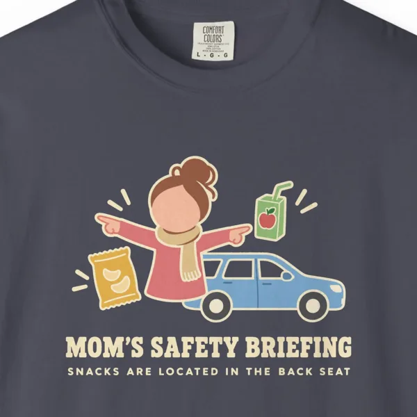 moms-safety-briefing-tee-navy-chest Mom's Safety Briefing Tee in Navy, close-up