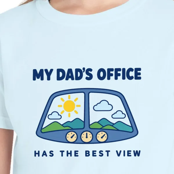 my-dads-office-kids-tee-chambray-chest Close-up of the My Dad's Office design on the Chambray kids tee, Comfort Colors 9018 youth tee, with the neckline