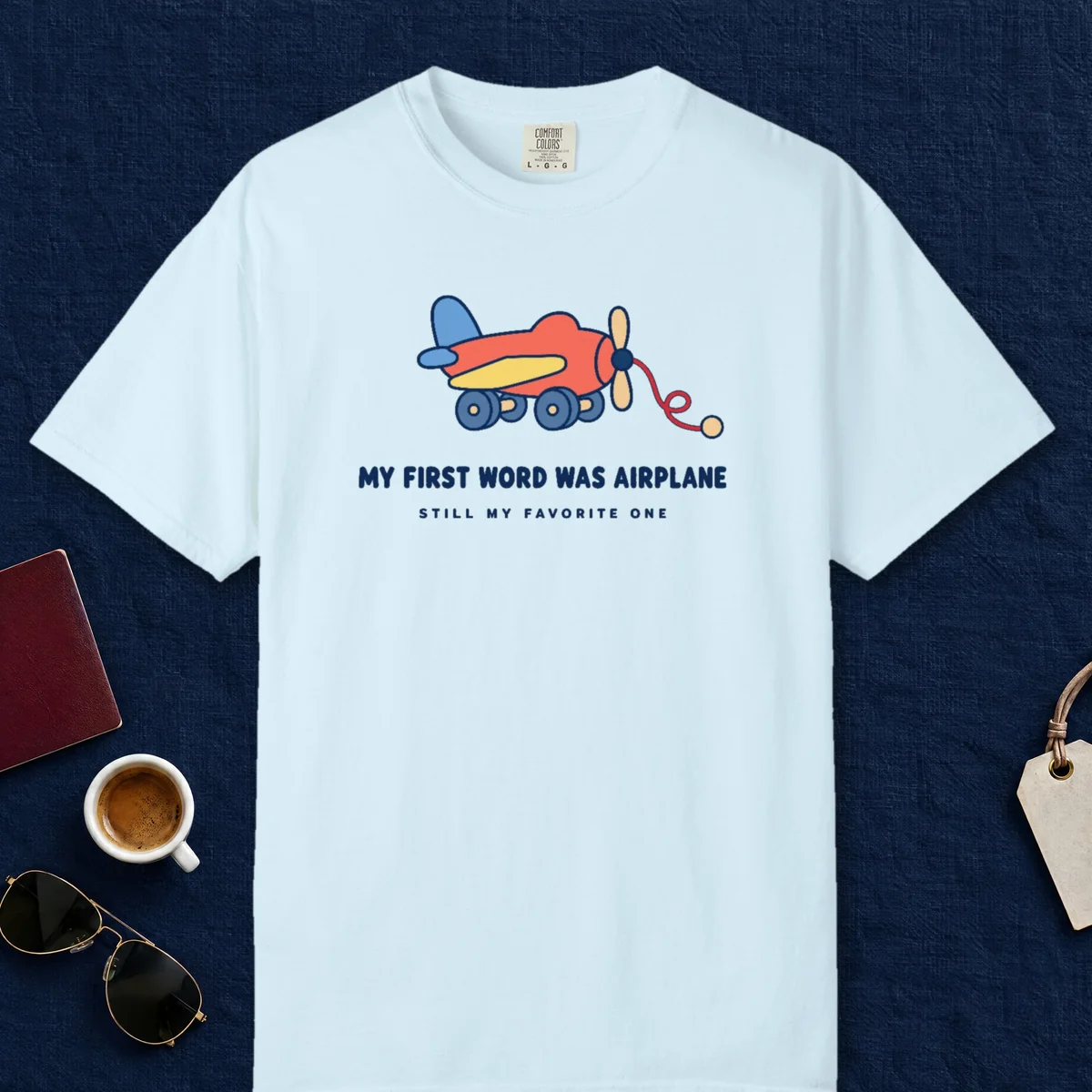 My First Word Was Airplane Tee in Chambray, front view