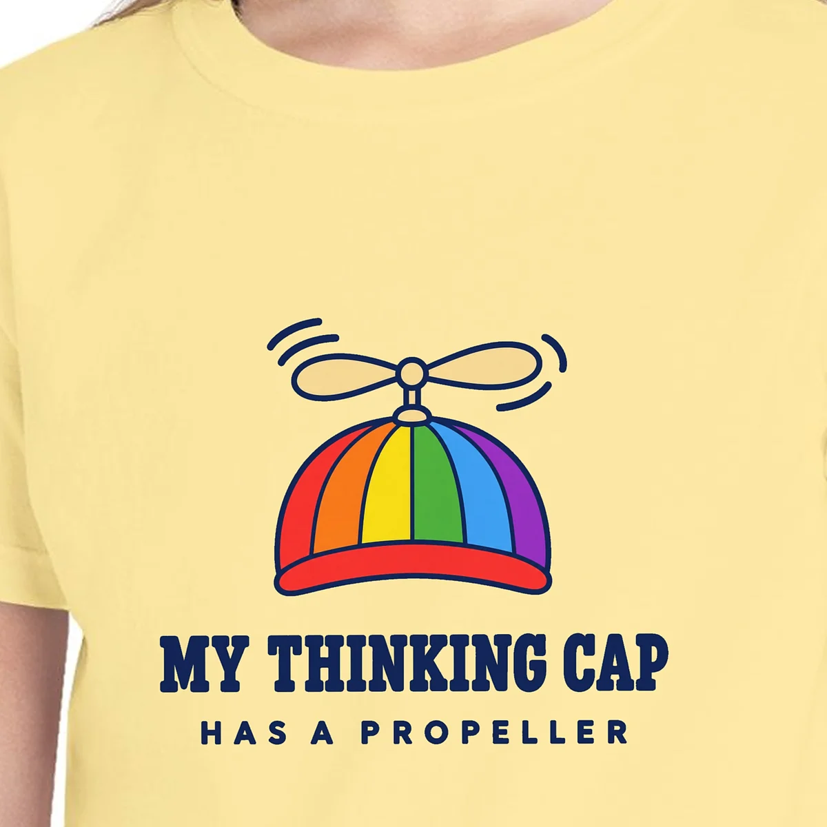 Close-up of the My Thinking Cap design on the Butter kids tee, Comfort Colors 9018 youth tee, with the neckline