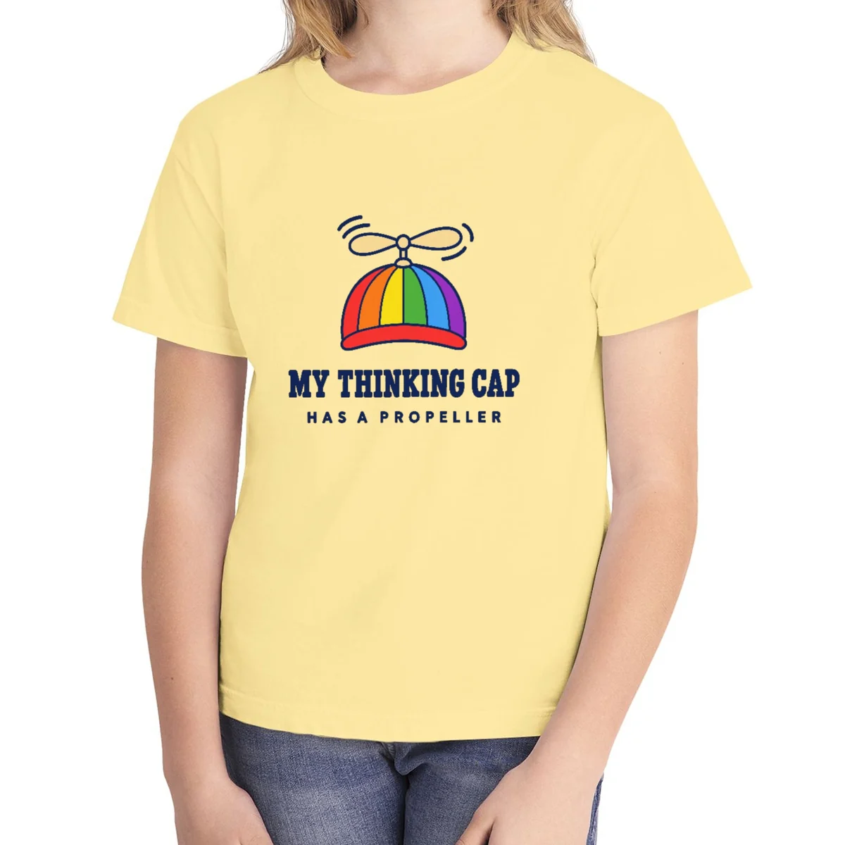 My Thinking Cap kids tee in Butter, Comfort Colors 9018 youth tee, front view