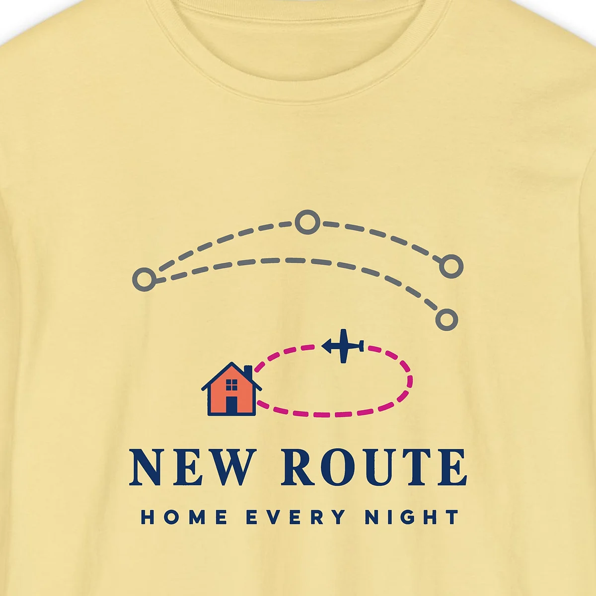 New Route Retirement design on a Butter Comfort Colors 6014 long-sleeve tee, close-up of the print