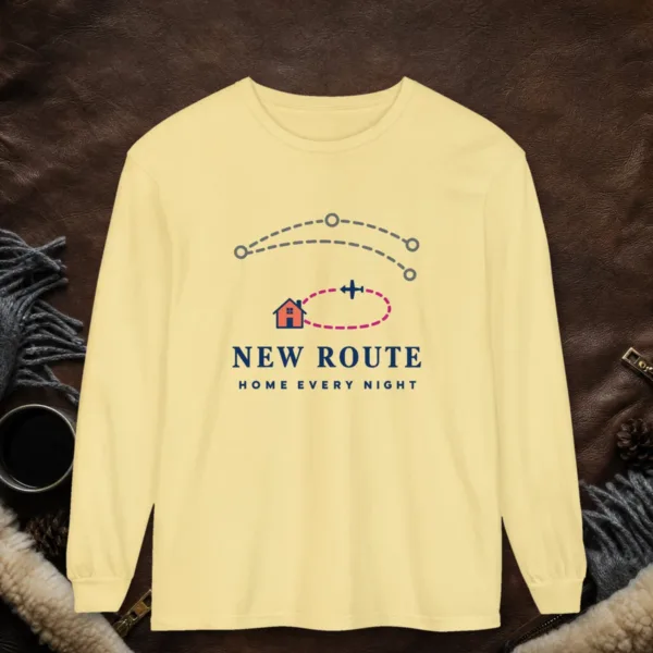 new-route-retirement-long-sleeve-tee-butter-front New Route Retirement design on a Butter Comfort Colors 6014 long-sleeve tee, front view