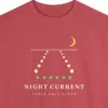 Close-up of the Night Current design printed on a Crimson Comfort Colors 1566 sweatshirt, with the ribbed collar