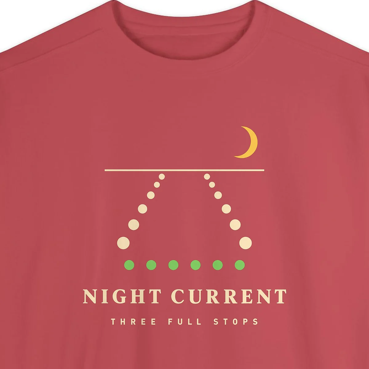 Close-up of the Night Current design printed on a Crimson Comfort Colors 1566 sweatshirt, with the ribbed collar