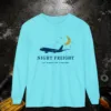 night-freight-long-sleeve-tee-lagoon-blue-front Night Freight design on a Lagoon Blue Comfort Colors 6014 long-sleeve tee, front view