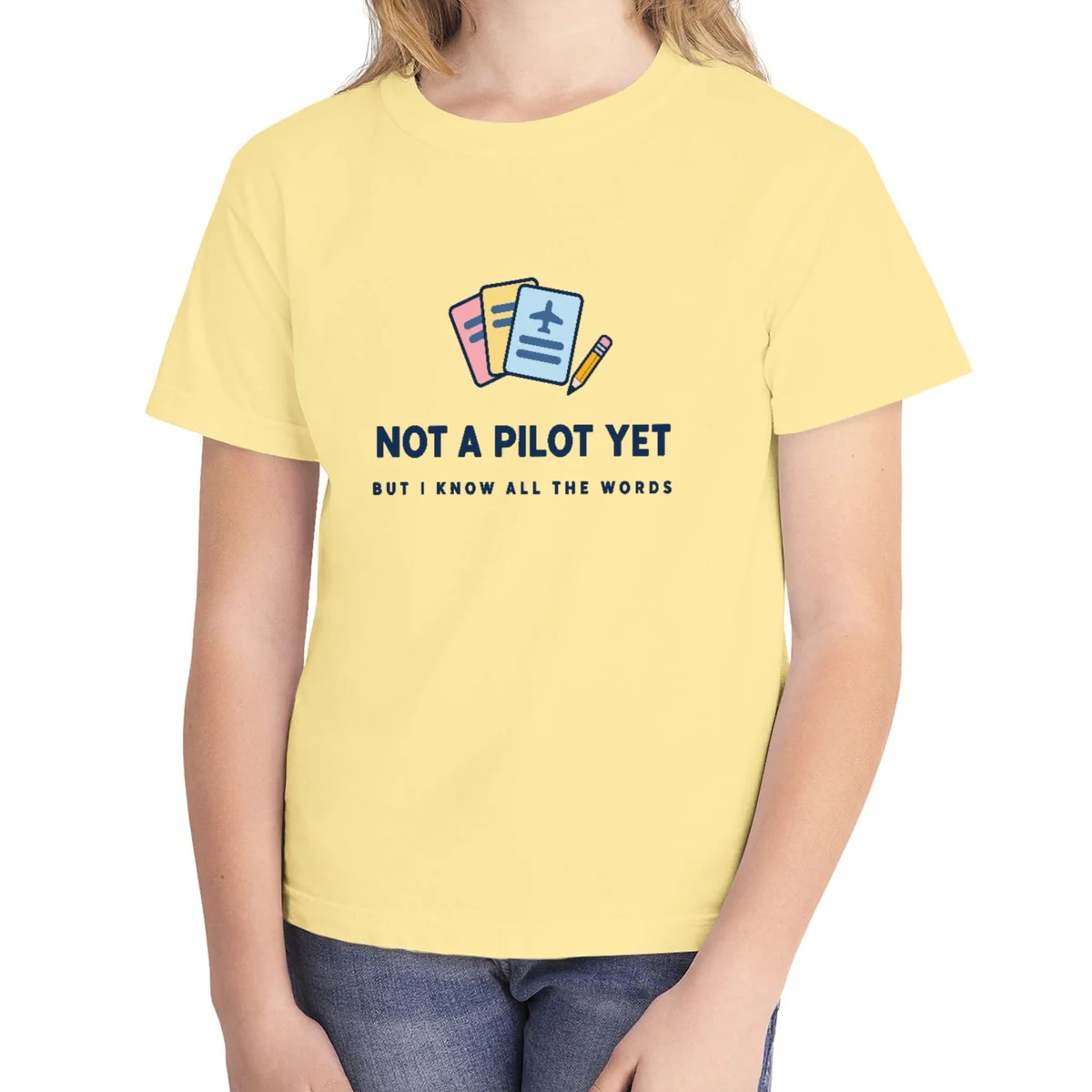 Not a Pilot Yet kids tee in Butter, Comfort Colors 9018 youth tee, front view