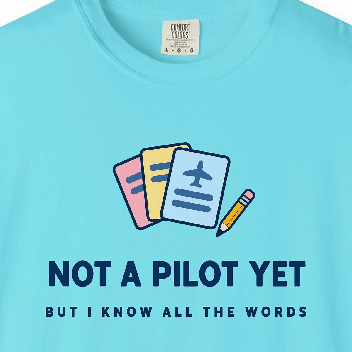 Not a Pilot Yet Tee in Lagoon Blue, close-up