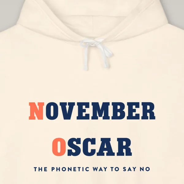 november-oscar-hoodie-ivory-chest-v1 November Oscar design on the Comfort Colors 1467 hoodie in Ivory, close-up of the print