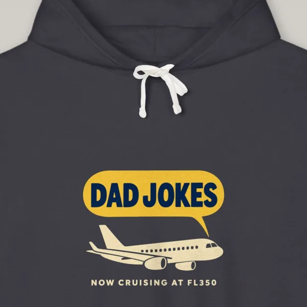 Now Cruising at FL350 design on the Comfort Colors 1467 hoodie in Black, close-up of the print