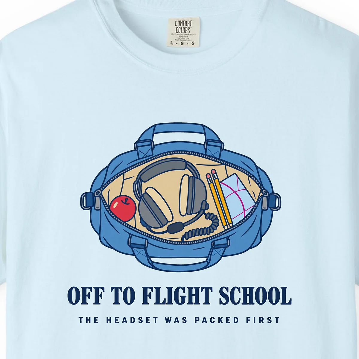 Off to Flight School Tee in Chambray, close-up