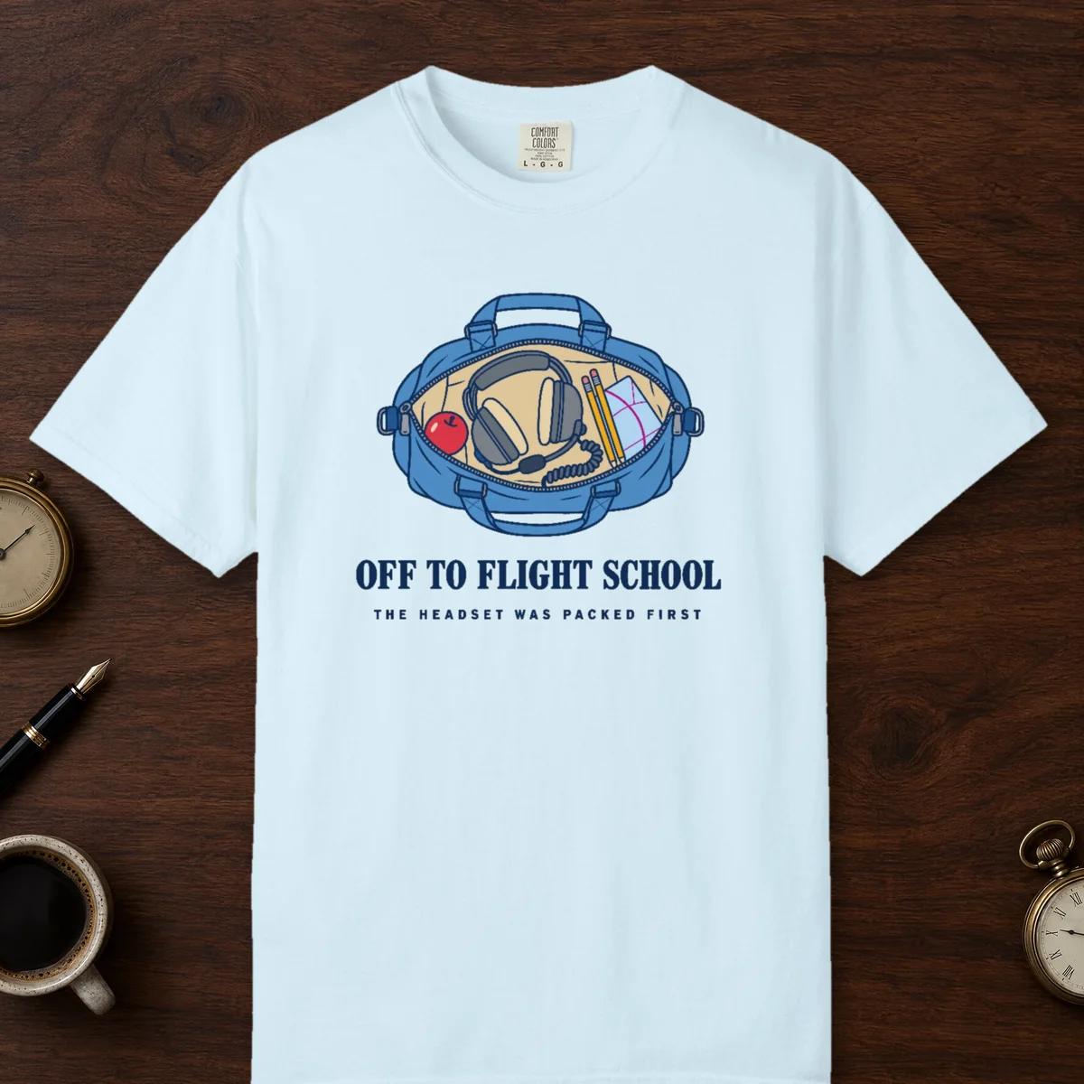 Off to Flight School Tee in Chambray, front view