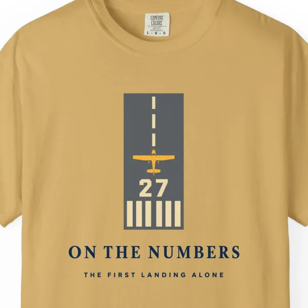 on-the-numbers-tee-mustard-chest On the Numbers Tee in Mustard, close-up