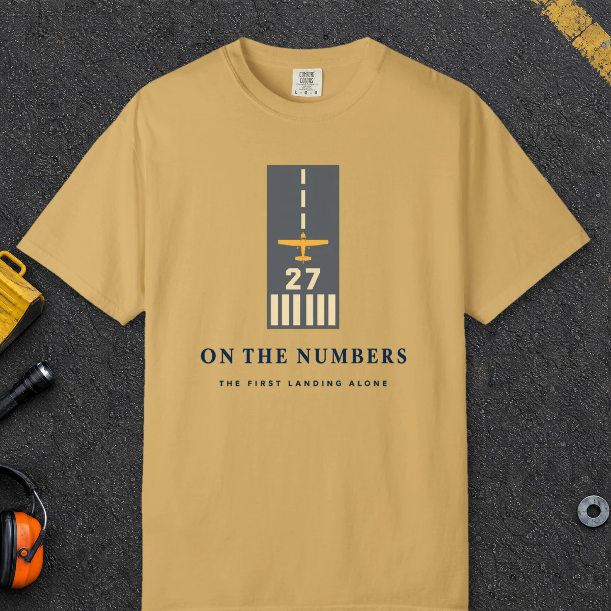 On the Numbers Tee in Mustard, front view