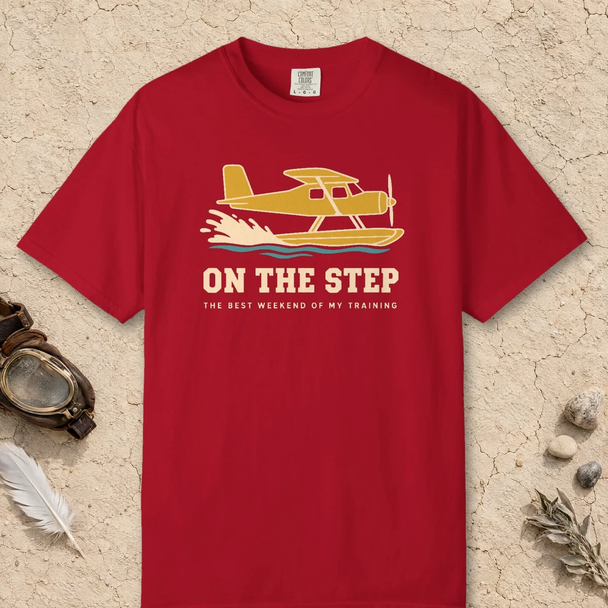 On the Step Tee in Red, front view