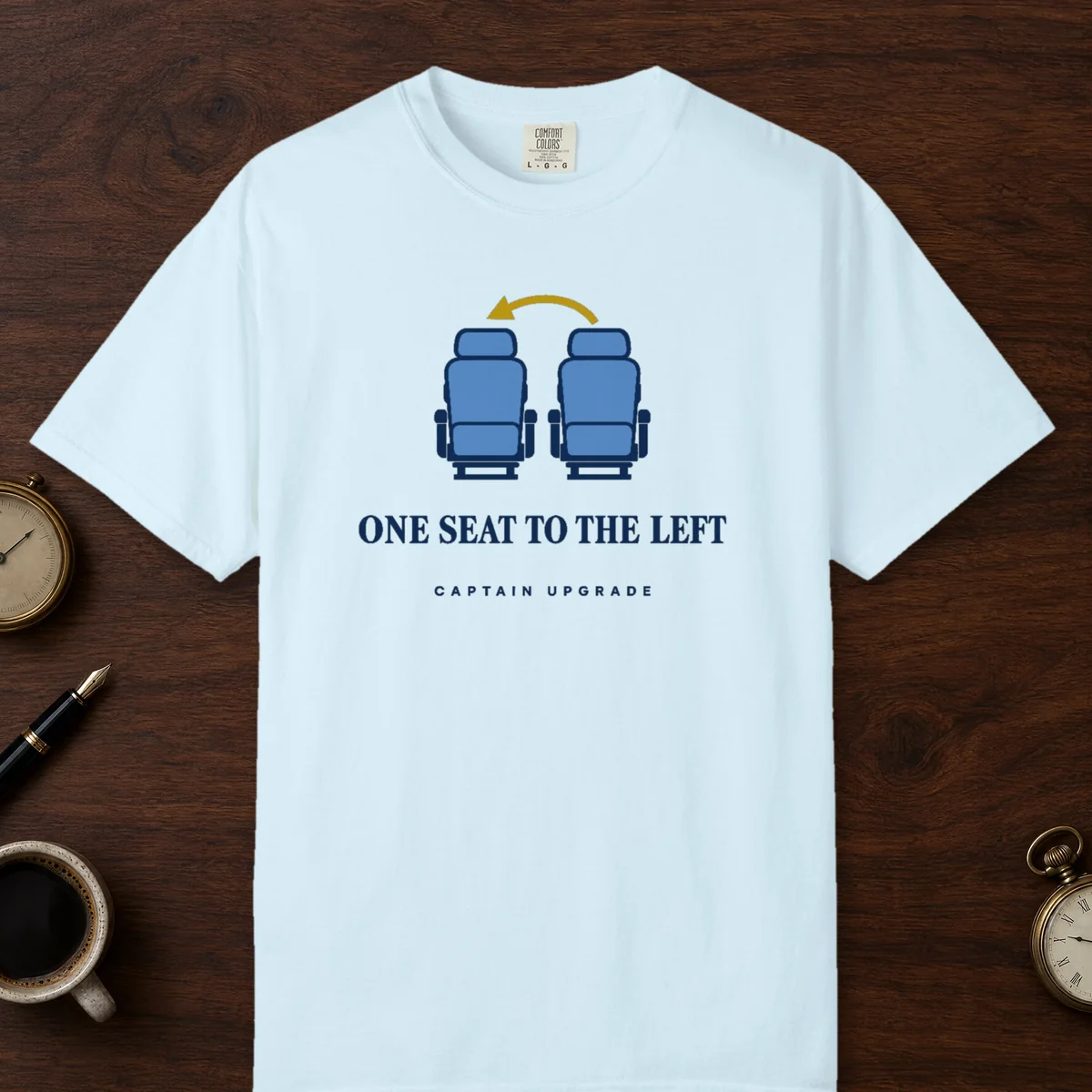 One Seat to the Left Tee in Chambray, front view