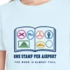 one-stamp-per-airport-kids-tee-chambray-chest Close-up of the One Stamp per Airport design on the Chambray kids tee, Comfort Colors 9018 youth tee, with the neckline
