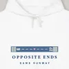 opposite-ends-runway-hoodie-white-chest-v1 Opposite Ends Runway design on the Comfort Colors 1467 hoodie in White, close-up of the print