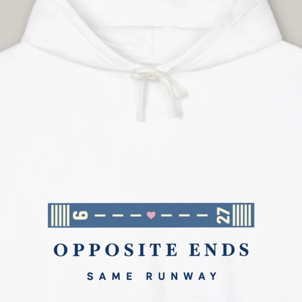 opposite-ends-runway-hoodie-white-chest-v1 Opposite Ends Runway design on the Comfort Colors 1467 hoodie in White, close-up of the print