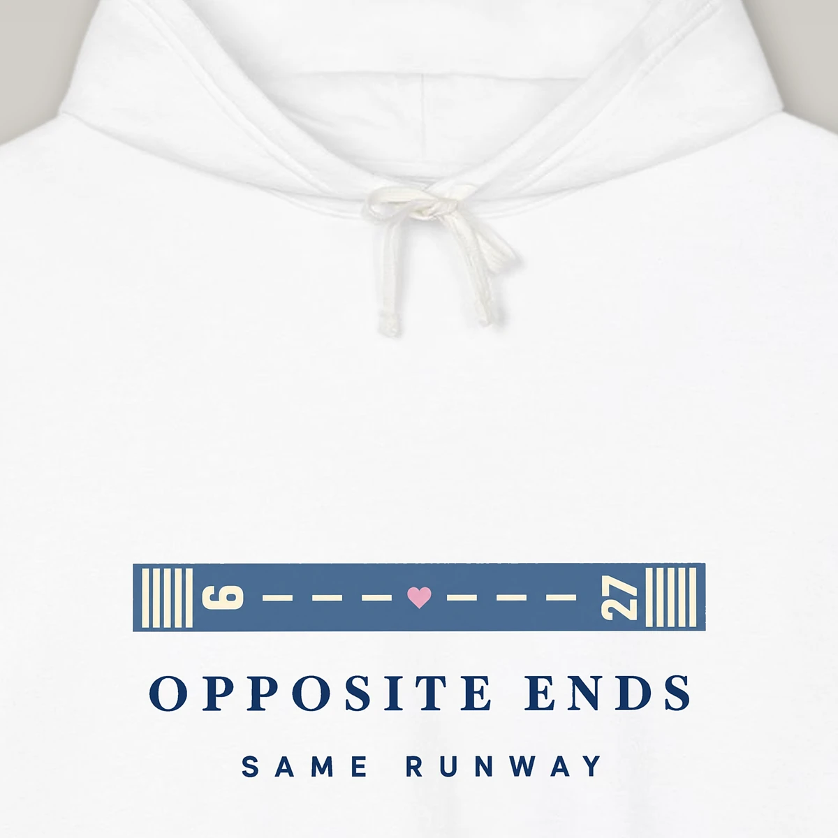 Opposite Ends Runway design on the Comfort Colors 1467 hoodie in White, close-up of the print