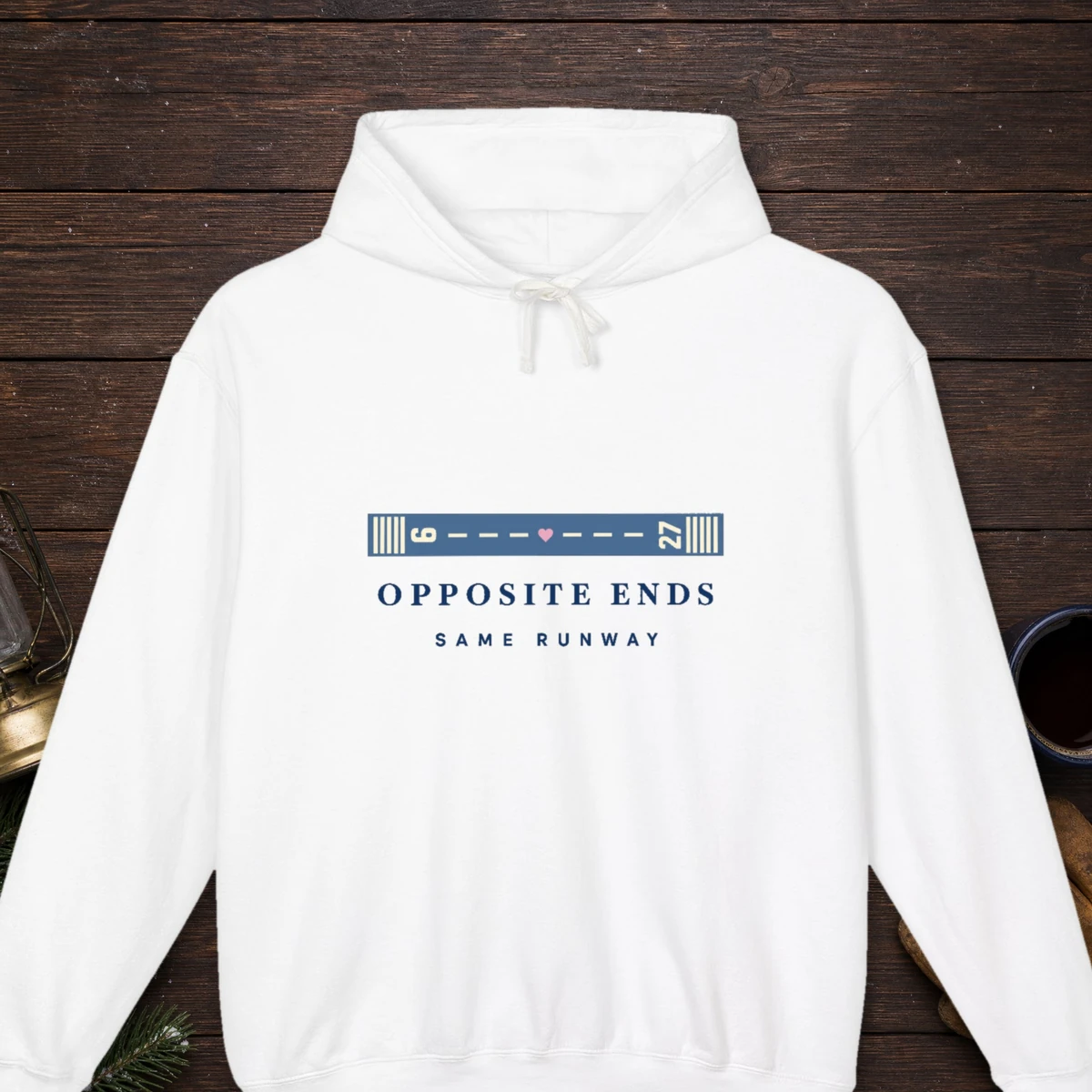 Opposite Ends Runway design on the Comfort Colors 1467 hoodie in White, front view