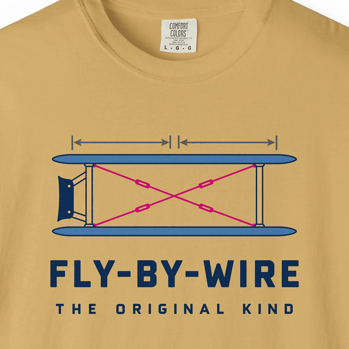 original-fly-by-wire-tee-mustard-chest Original Fly-by-Wire Tee in Mustard, close-up