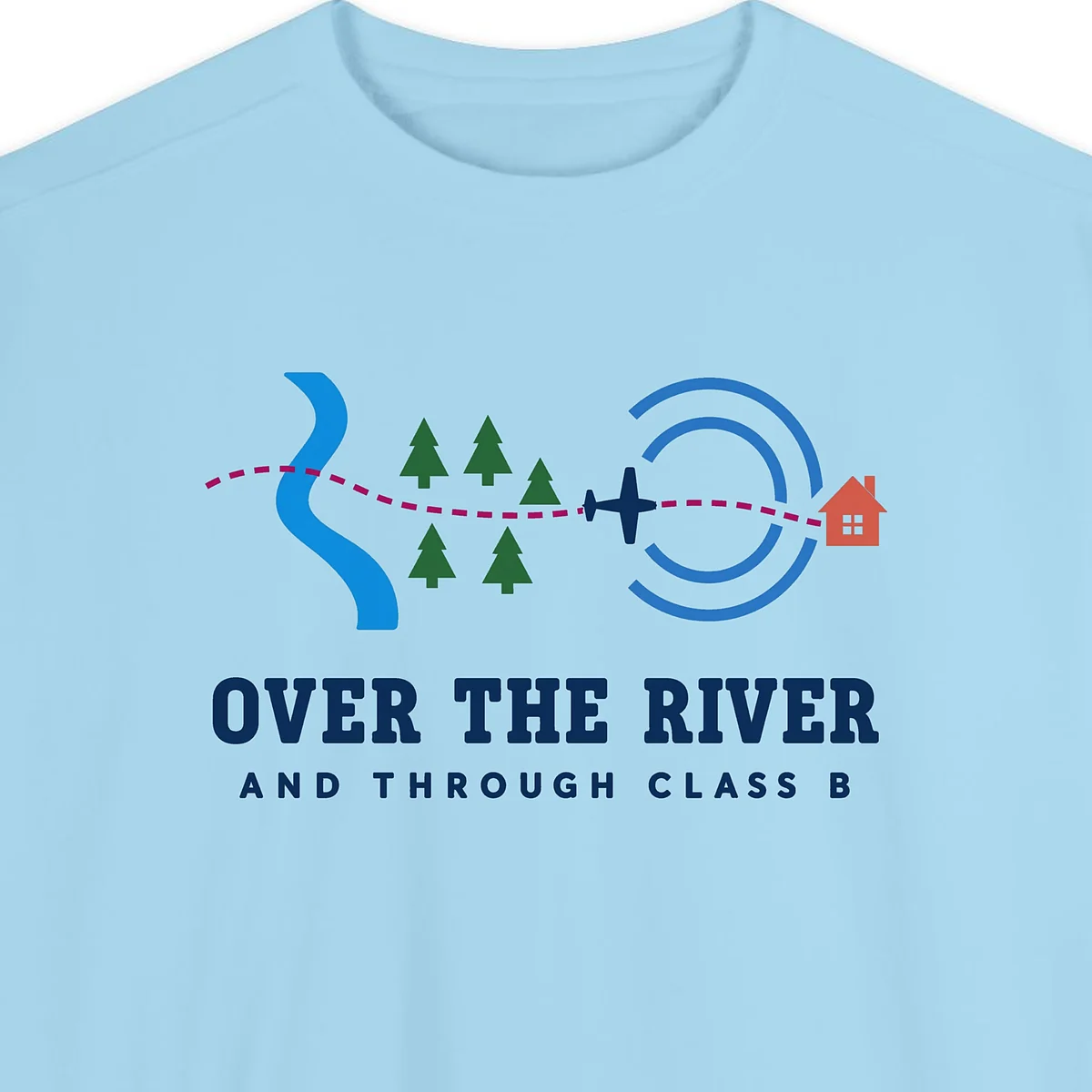 over-the-river-sweatshirt-chambray-chest Close-up of the Over the River design printed on a Chambray Comfort Colors 1566 sweatshirt, with the ribbed collar