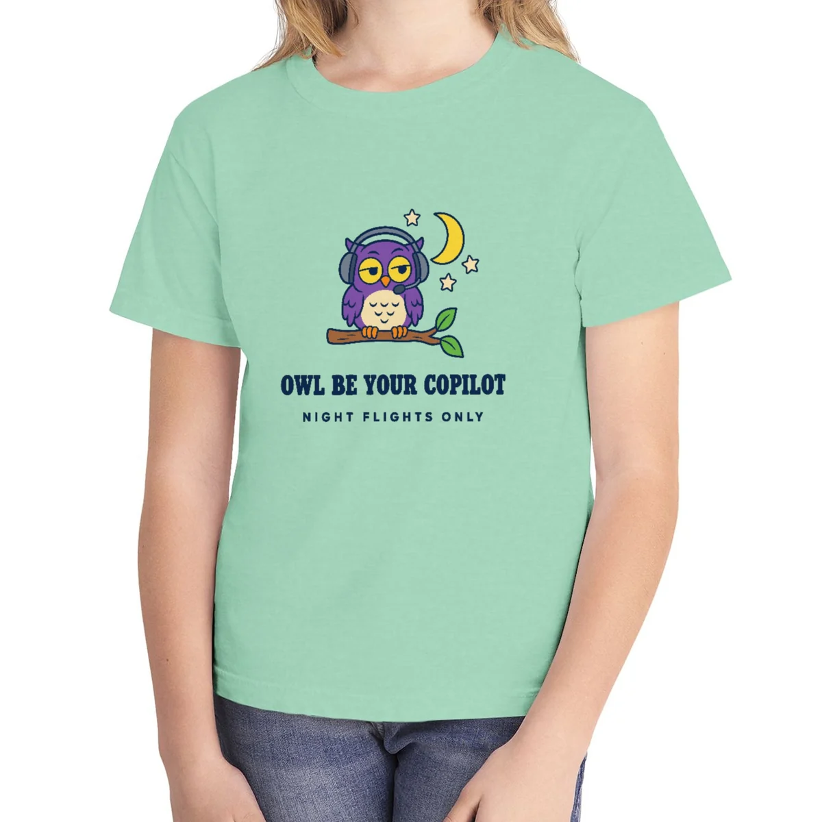Owl Be Your Copilot kids tee in Island Reef, Comfort Colors 9018 youth tee, front view