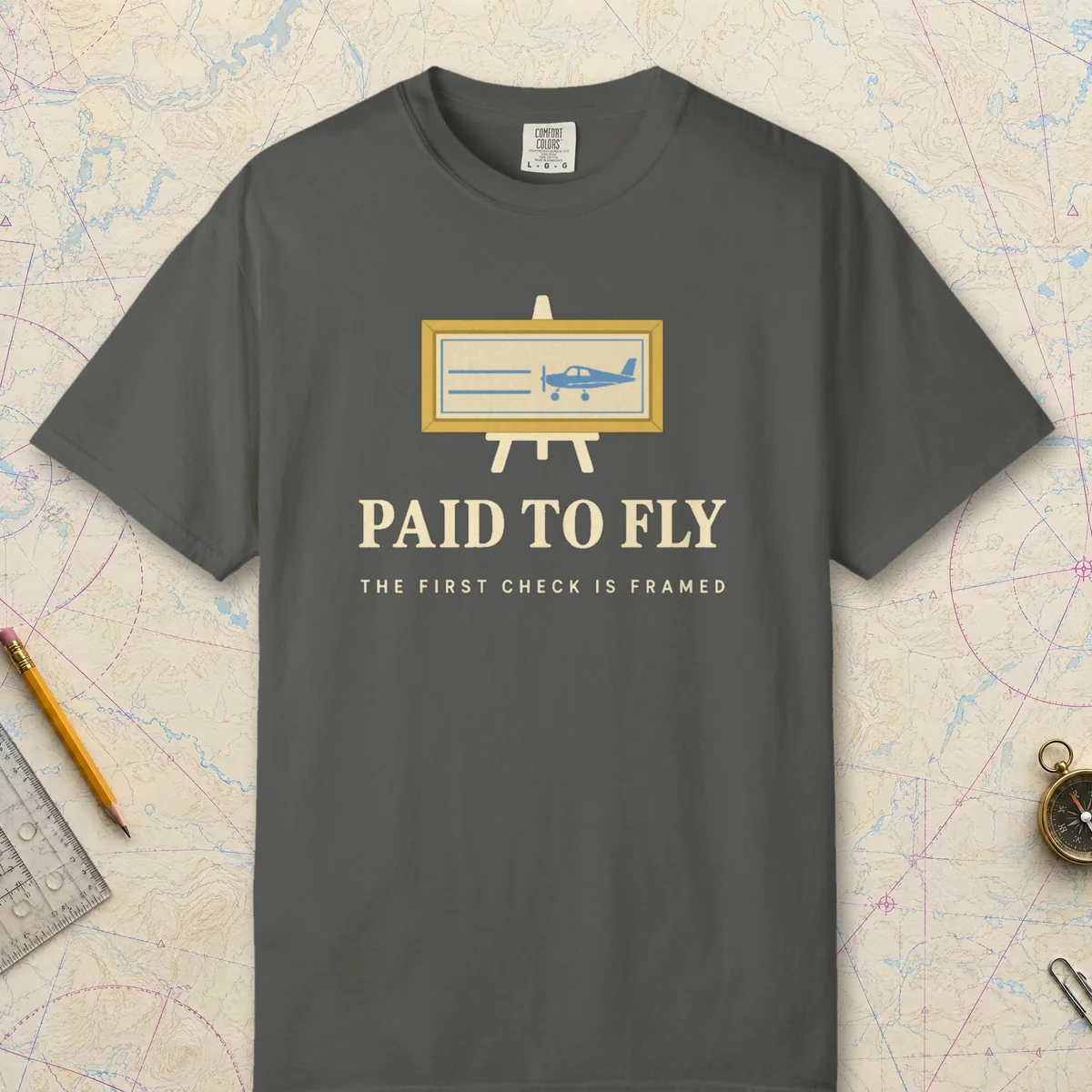 Paid to Fly Tee in Pepper, front view