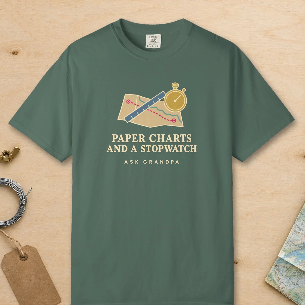 Paper Charts Grandpa Tee in Blue Spruce, front view